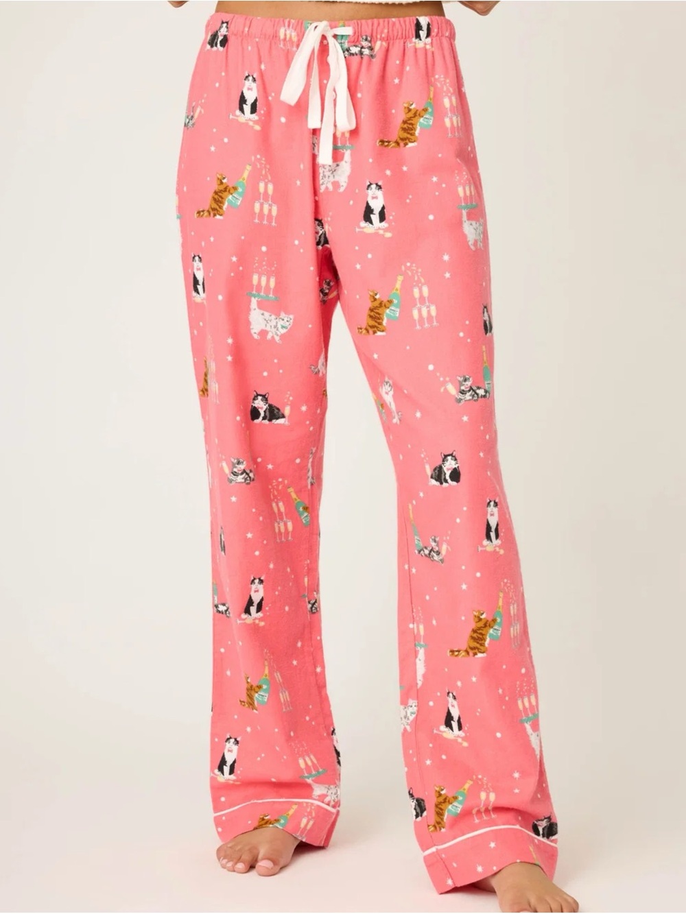 PJ Salvage Coral Cat & Champagne Print Flannel Pajama Bottoms